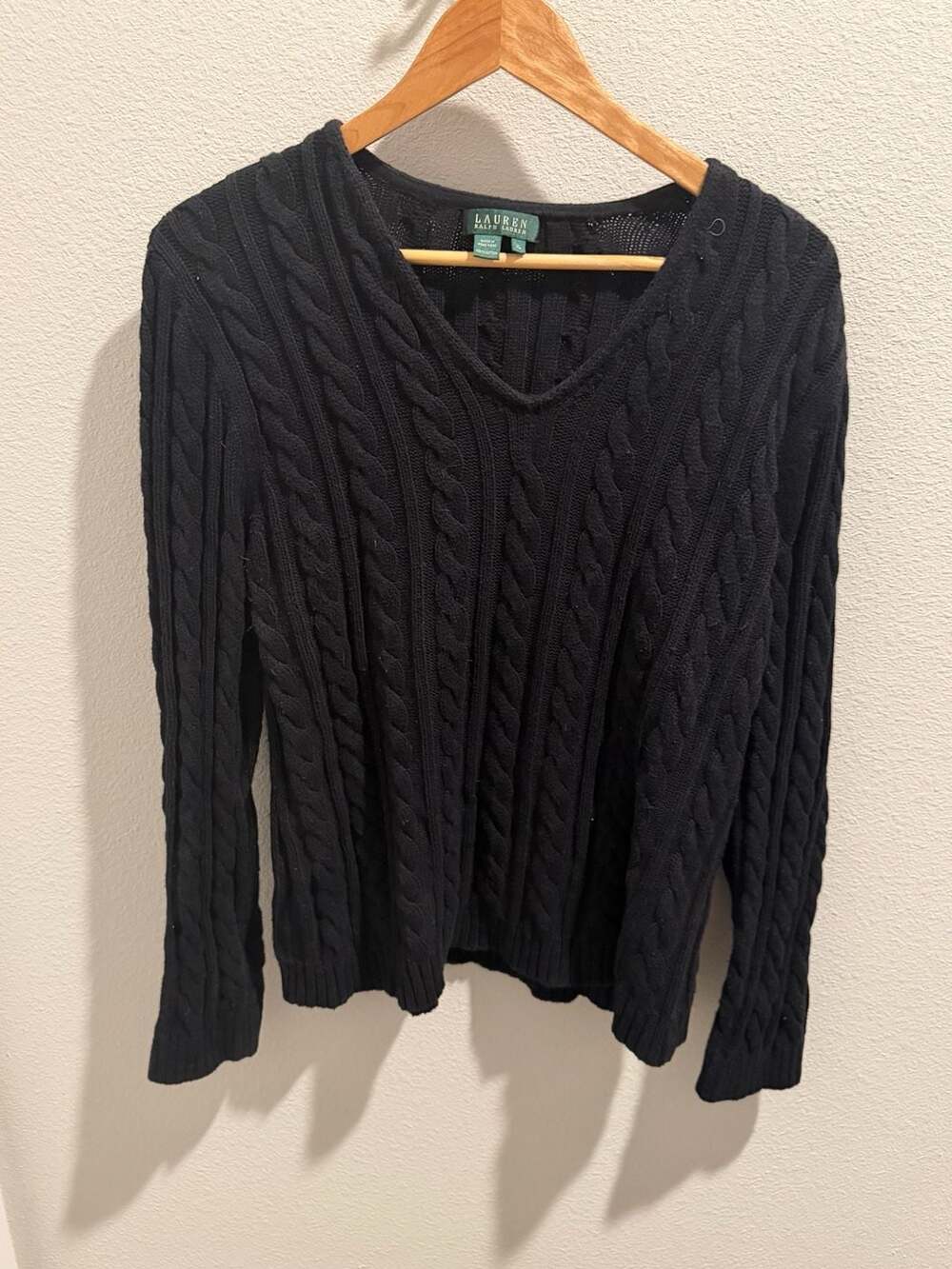 Lauren Ralph Lauren Women's Black Cable Knit Cotton V-Neck Sweater